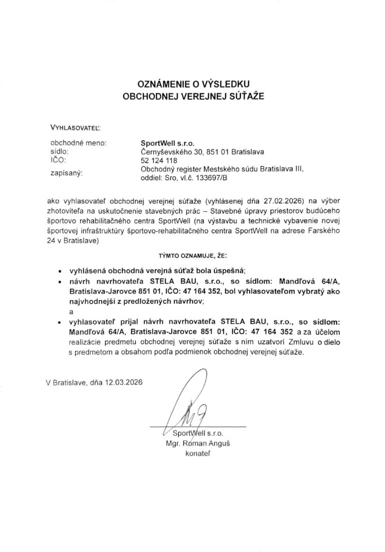 Oznámenie o výsledku verejného obstarávania – projekt SportWell